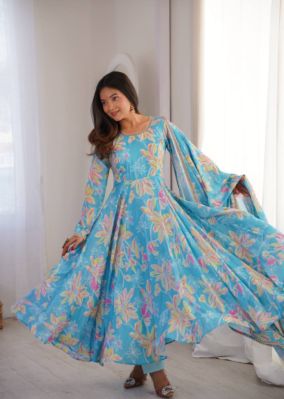 SKY BLUE FLORAL PRINTED MASLIN ANARKALI GOWN SET