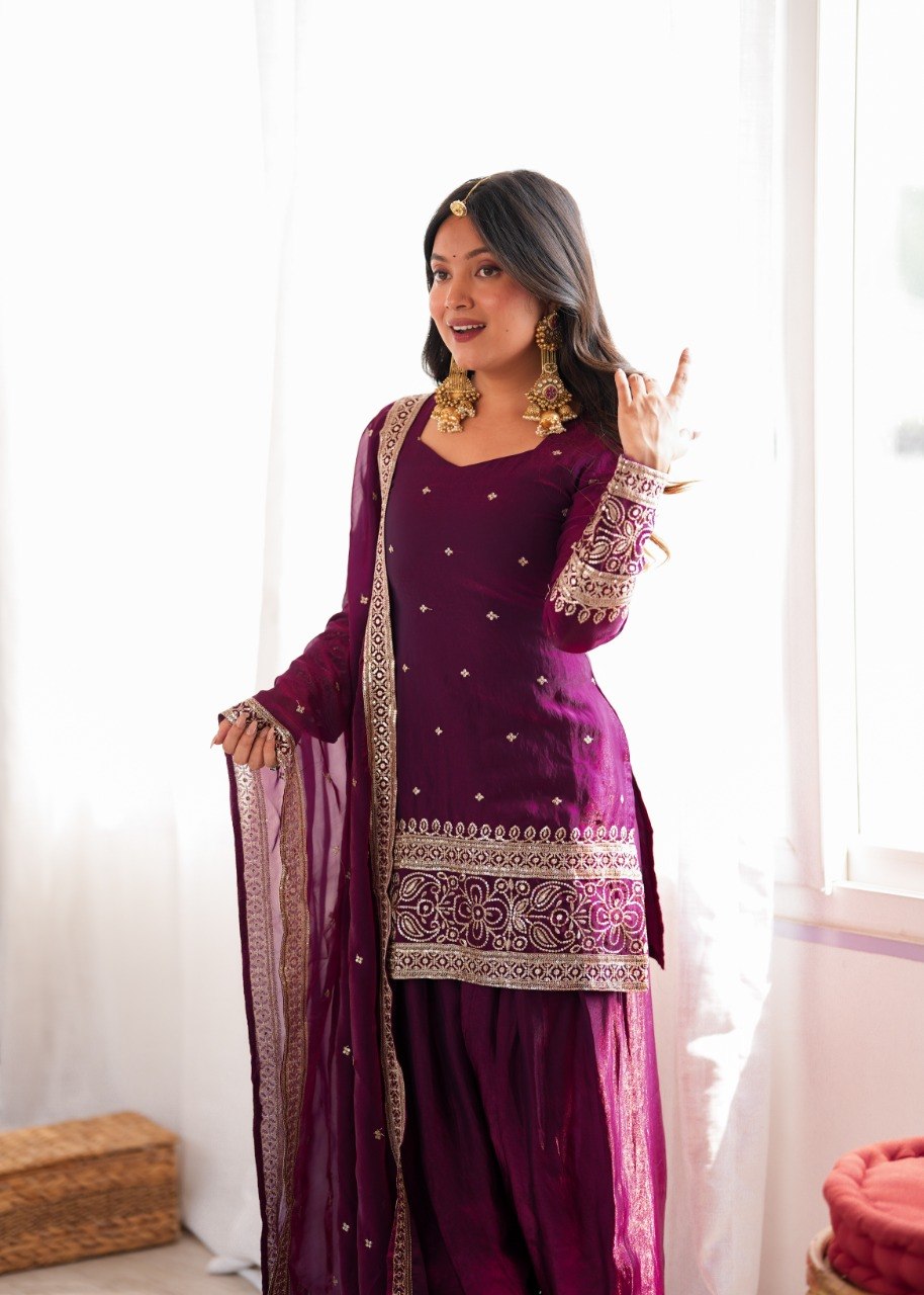 DESIGNER WINE EMBROIDERED FENDY SILK KURTA FARSHI SALWAR SET