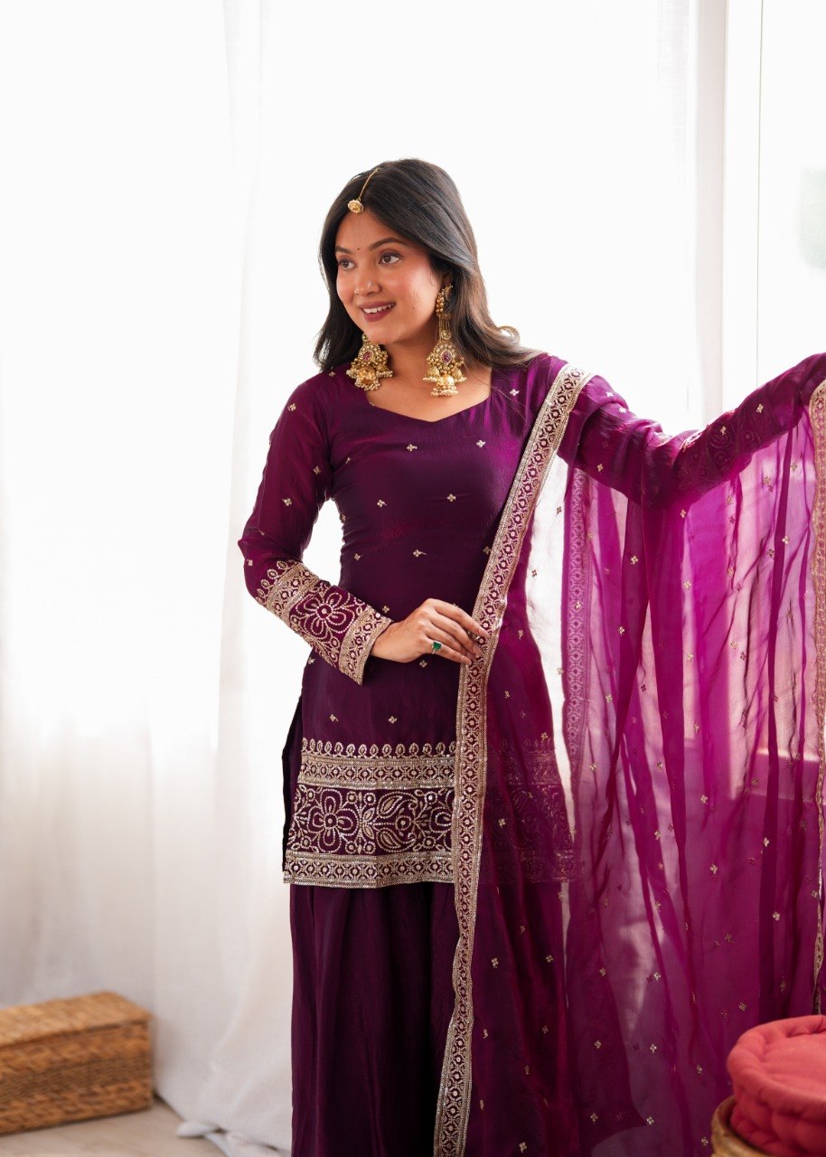 DESIGNER WINE EMBROIDERED FENDY SILK KURTA FARSHI SALWAR SET