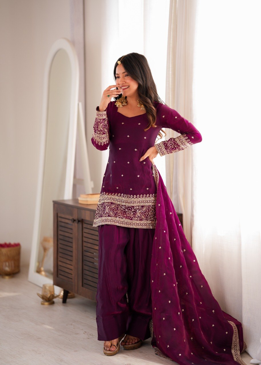 DESIGNER WINE EMBROIDERED FENDY SILK KURTA FARSHI SALWAR SET