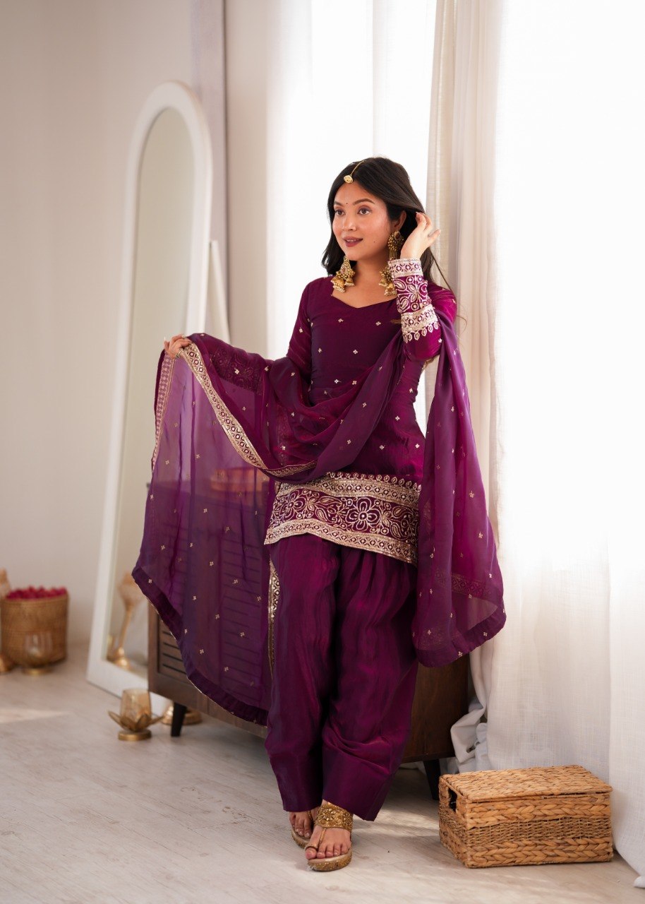 DESIGNER WINE EMBROIDERED FENDY SILK KURTA FARSHI SALWAR SET