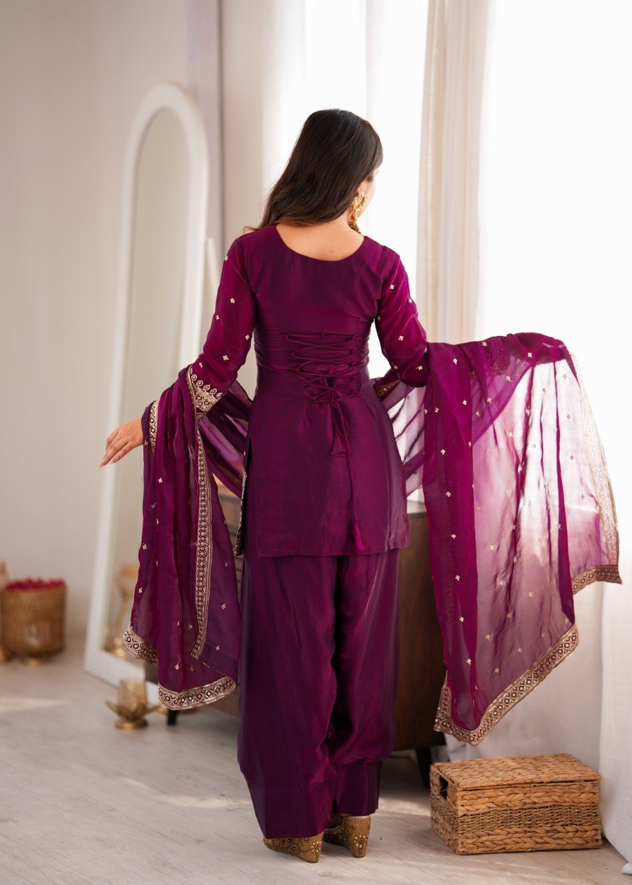DESIGNER WINE EMBROIDERED FENDY SILK KURTA FARSHI SALWAR SET