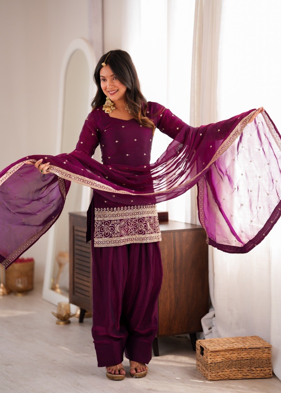 DESIGNER WINE EMBROIDERED FENDY SILK KURTA FARSHI SALWAR SET
