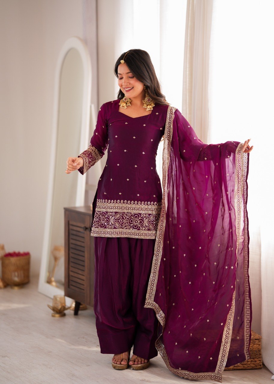 DESIGNER WINE EMBROIDERED FENDY SILK KURTA FARSHI SALWAR SET