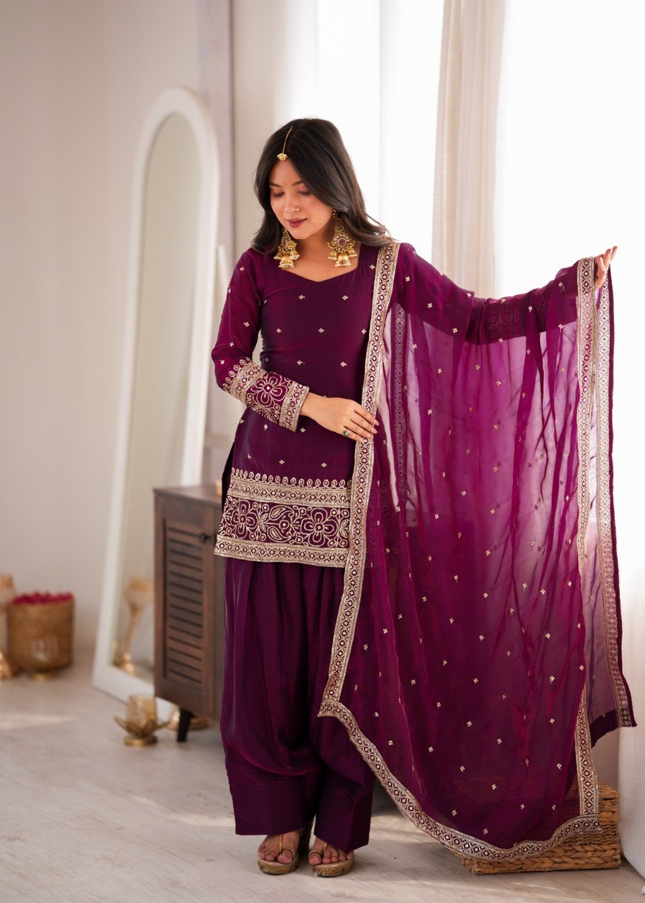 DESIGNER WINE EMBROIDERED FENDY SILK KURTA FARSHI SALWAR SET