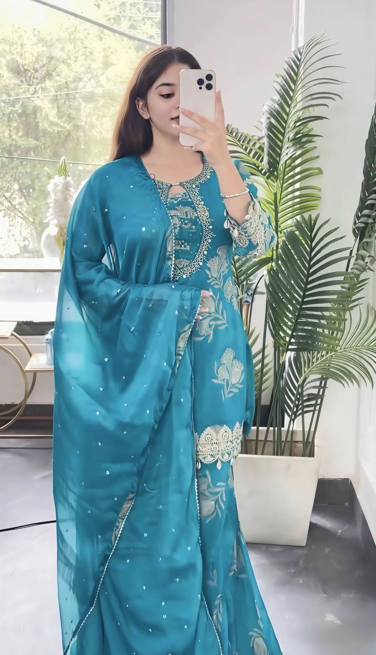 TEAL FLORAL EMBROIDERED SHARARA SUIT SET WITH DUPATTA