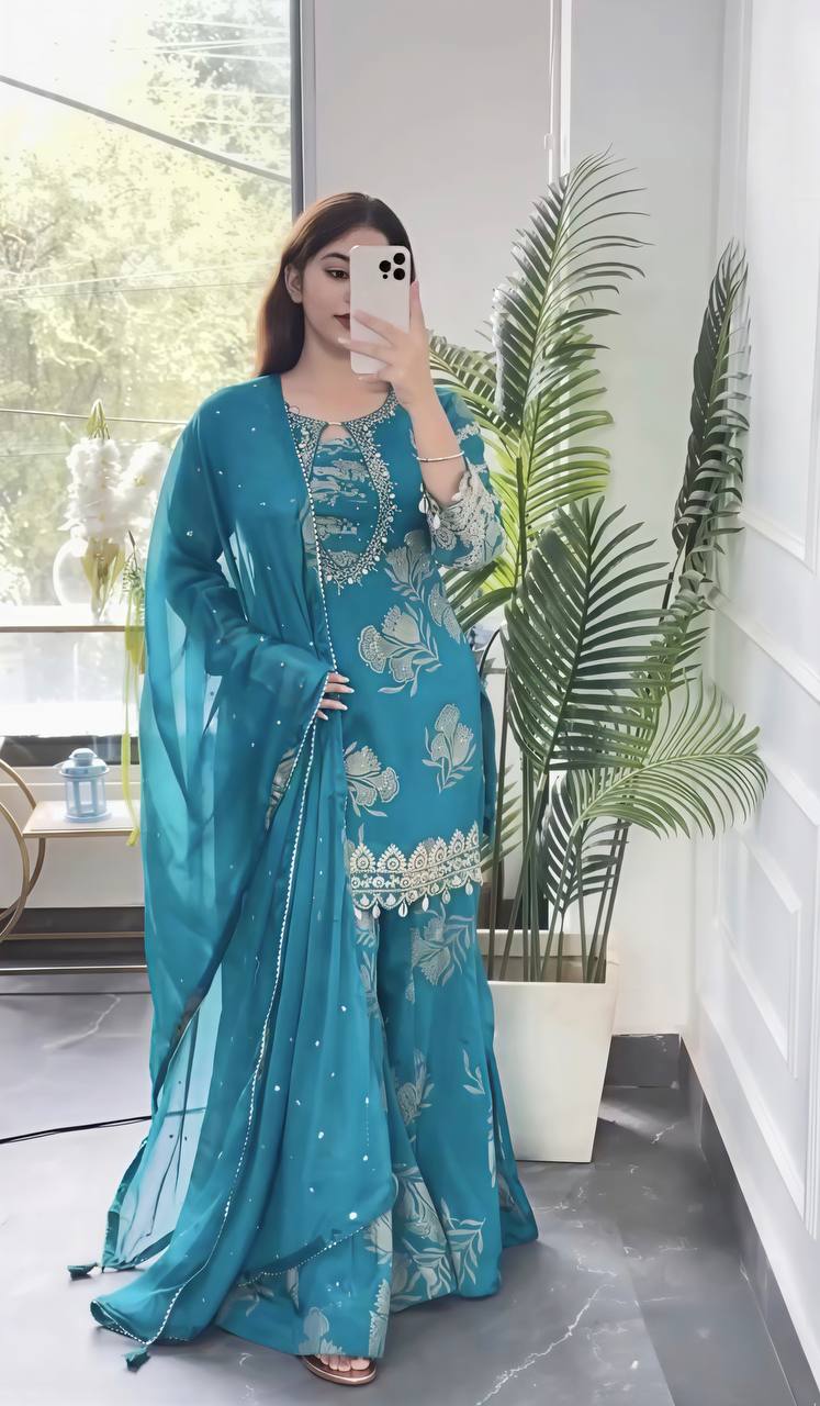 TEAL FLORAL EMBROIDERED SHARARA SUIT SET WITH DUPATTA