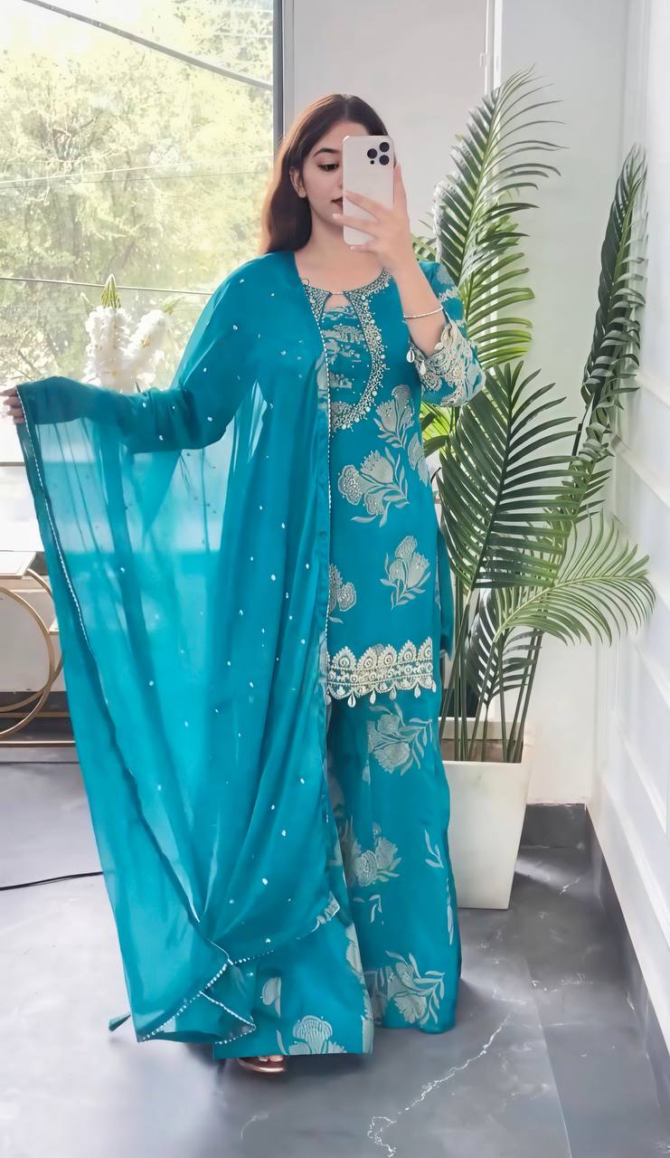 TEAL FLORAL EMBROIDERED SHARARA SUIT SET WITH DUPATTA