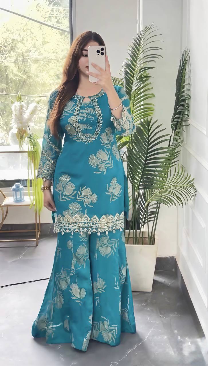 TEAL FLORAL EMBROIDERED SHARARA SUIT SET WITH DUPATTA