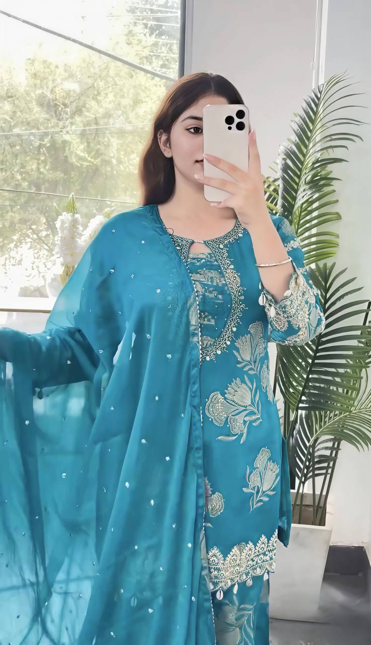 TEAL FLORAL EMBROIDERED SHARARA SUIT SET WITH DUPATTA