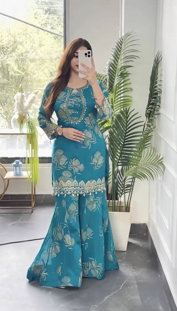 TEAL FLORAL EMBROIDERED SHARARA SUIT SET WITH DUPATTA