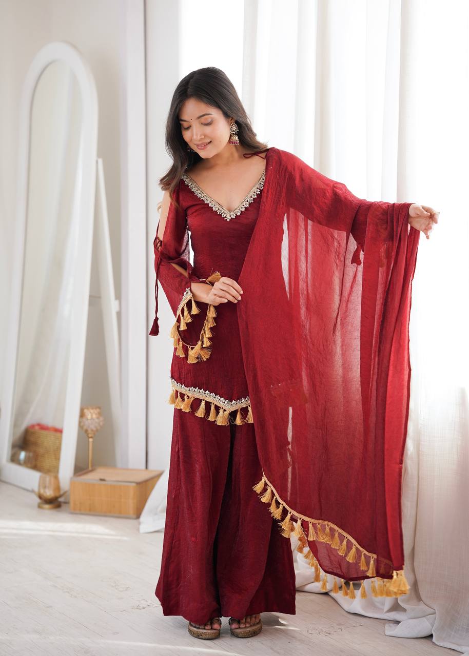 RUBY WINE DESIGNER KURTA PALAZZO SET WITH TASSEL DUPATTA