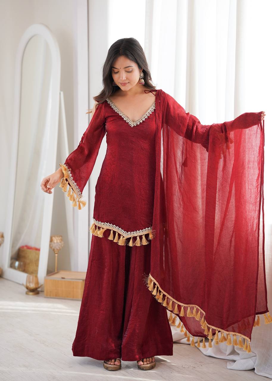 RUBY WINE DESIGNER KURTA PALAZZO SET WITH TASSEL DUPATTA