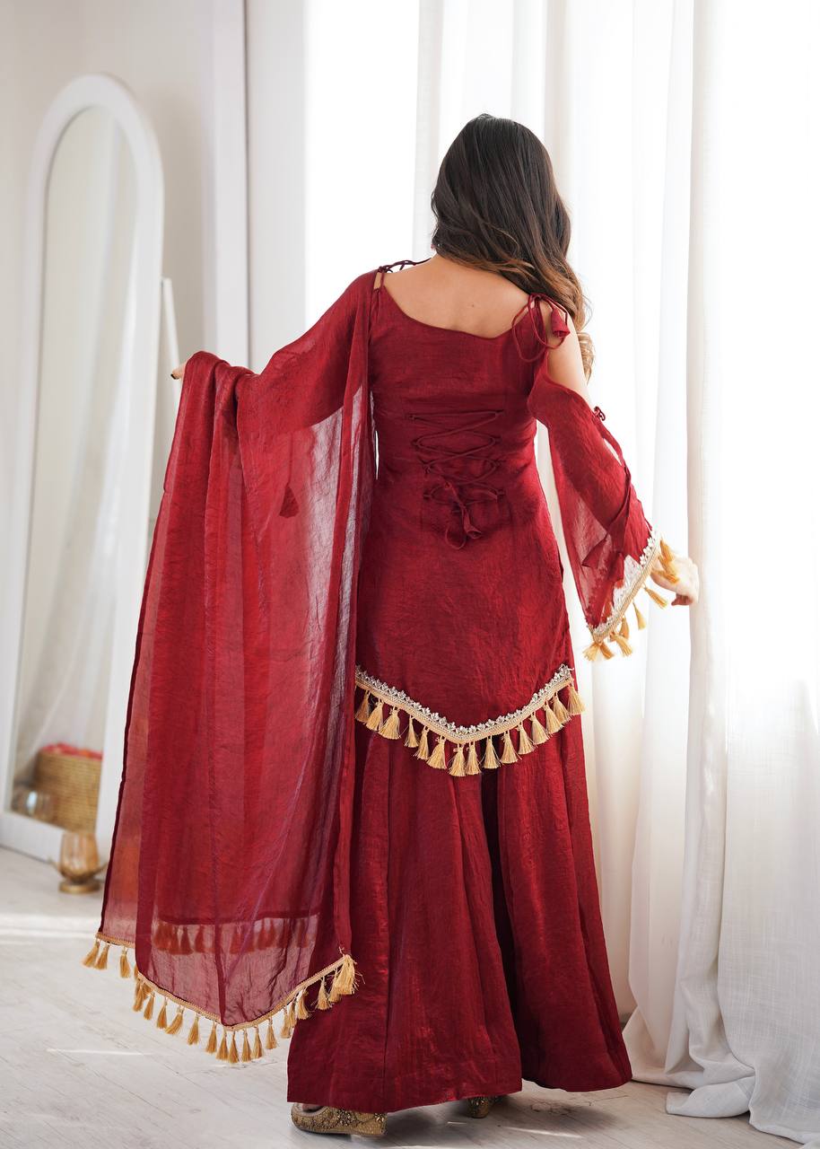 RUBY WINE DESIGNER KURTA PALAZZO SET WITH TASSEL DUPATTA