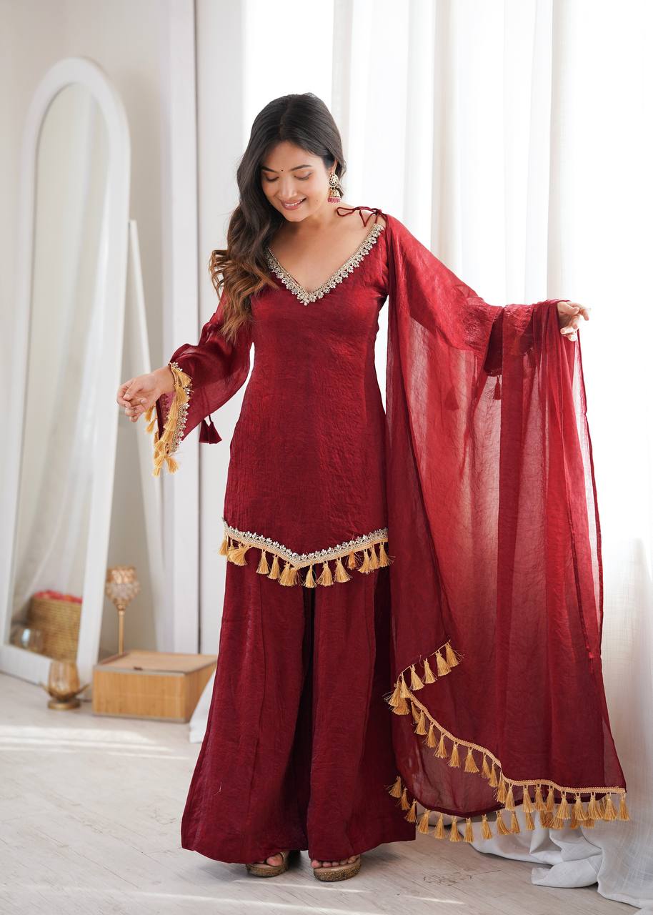 RUBY WINE DESIGNER KURTA PALAZZO SET WITH TASSEL DUPATTA