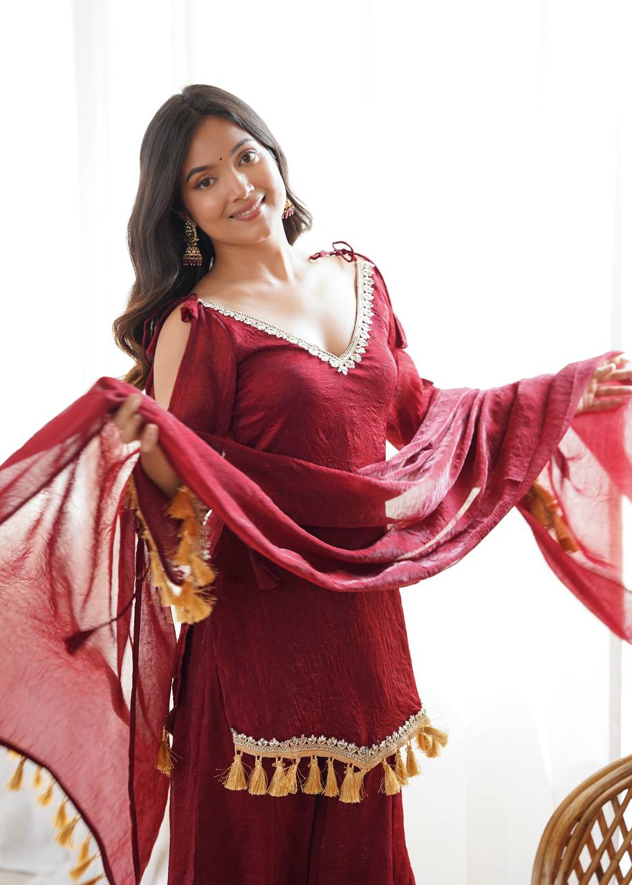 RUBY WINE DESIGNER KURTA PALAZZO SET WITH TASSEL DUPATTA