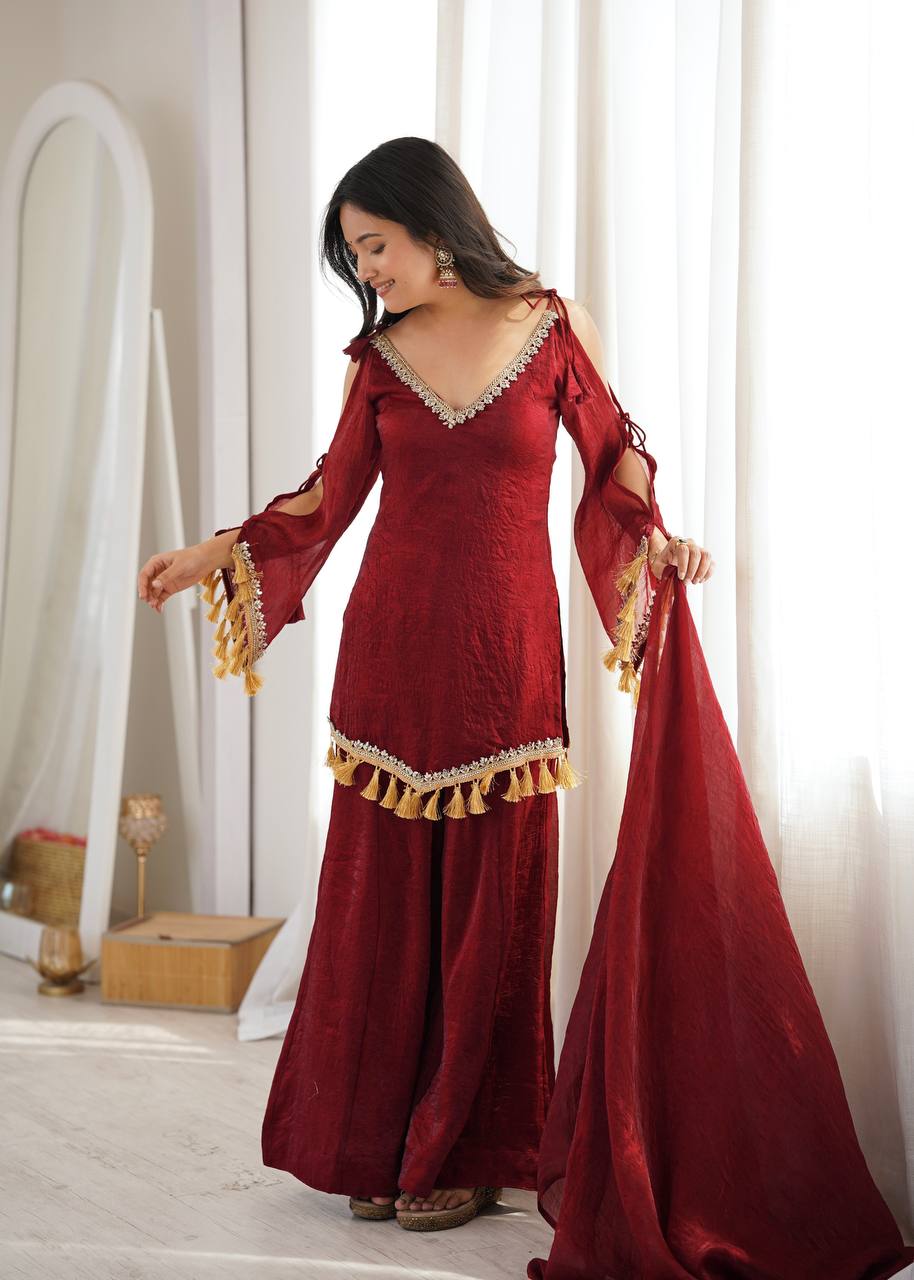 RUBY WINE DESIGNER KURTA PALAZZO SET WITH TASSEL DUPATTA