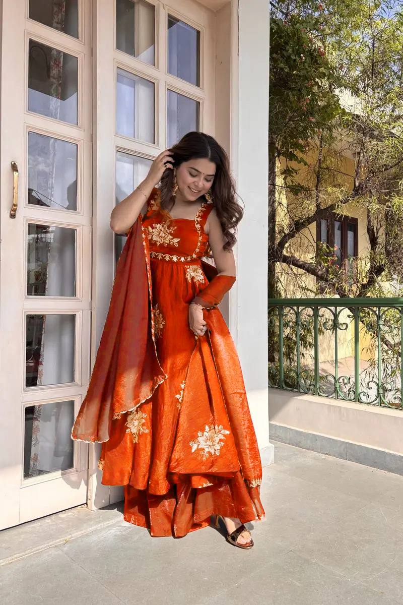 ORANGE DESIGNER ANARKALI WITH SABYASACHI STYLE NECKLINE