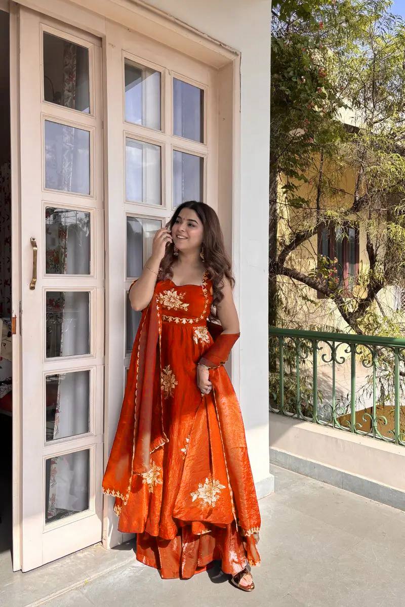 ORANGE DESIGNER ANARKALI WITH SABYASACHI STYLE NECKLINE