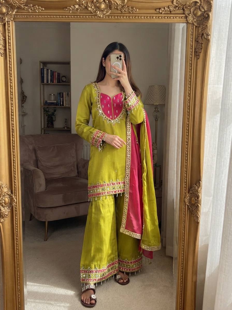 LIME GREEN ROMAN GLASS MIRROR WORK PALAZZO SUIT SET