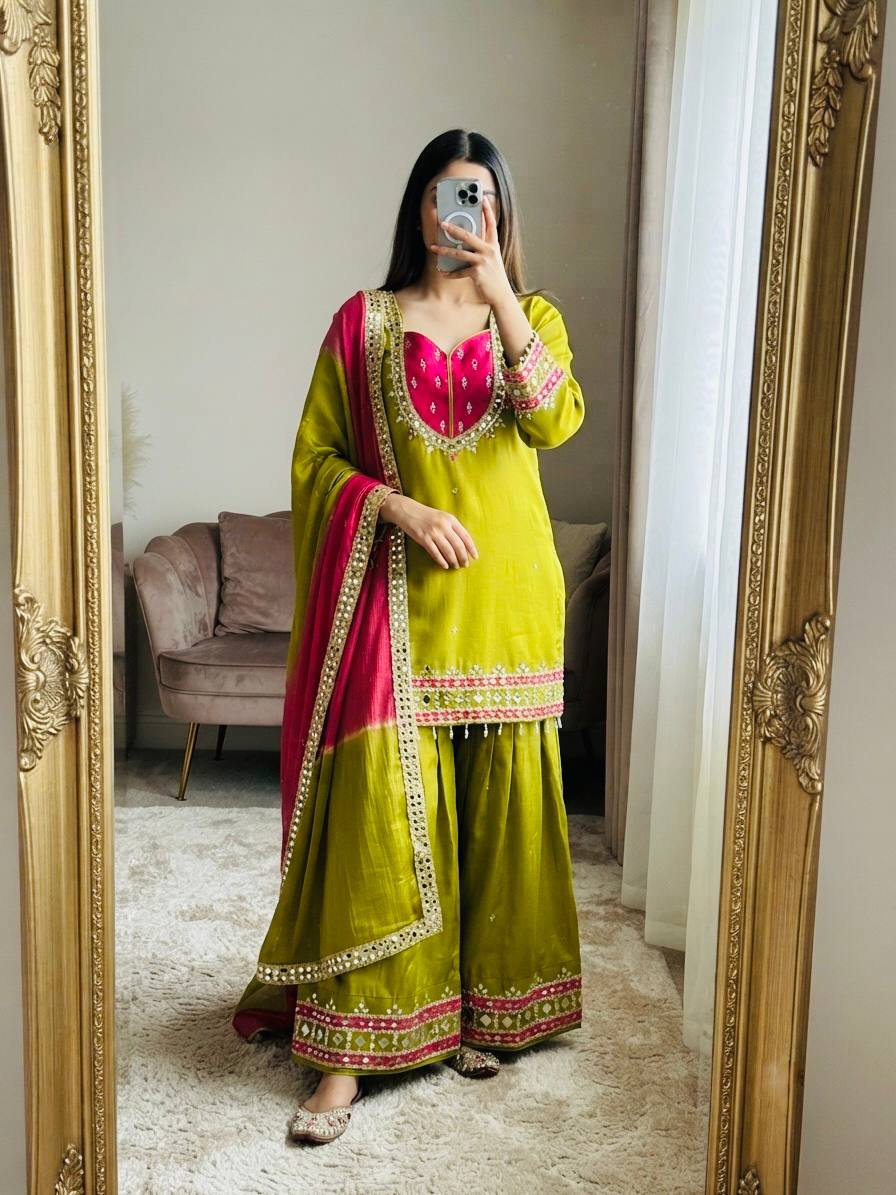 LIME GREEN ROMAN GLASS MIRROR WORK PALAZZO SUIT SET