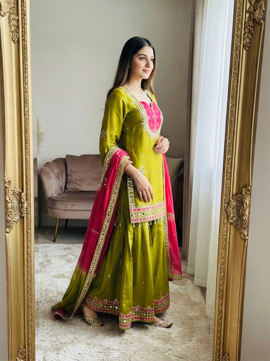 LIME GREEN ROMAN GLASS MIRROR WORK PALAZZO SUIT SET