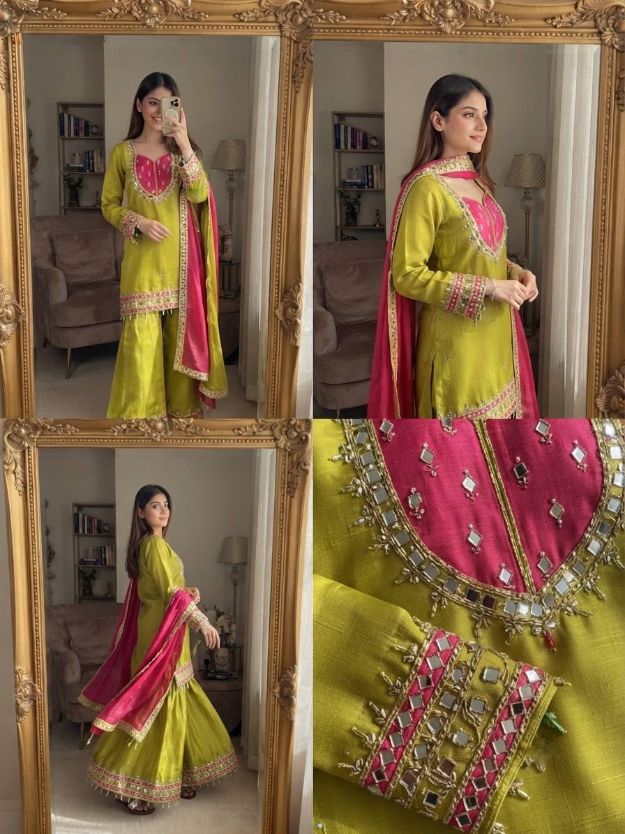 LIME GREEN ROMAN GLASS MIRROR WORK PALAZZO SUIT SET