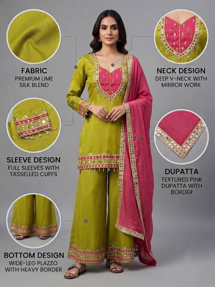 LIME GREEN ROMAN GLASS MIRROR WORK PALAZZO SUIT SET