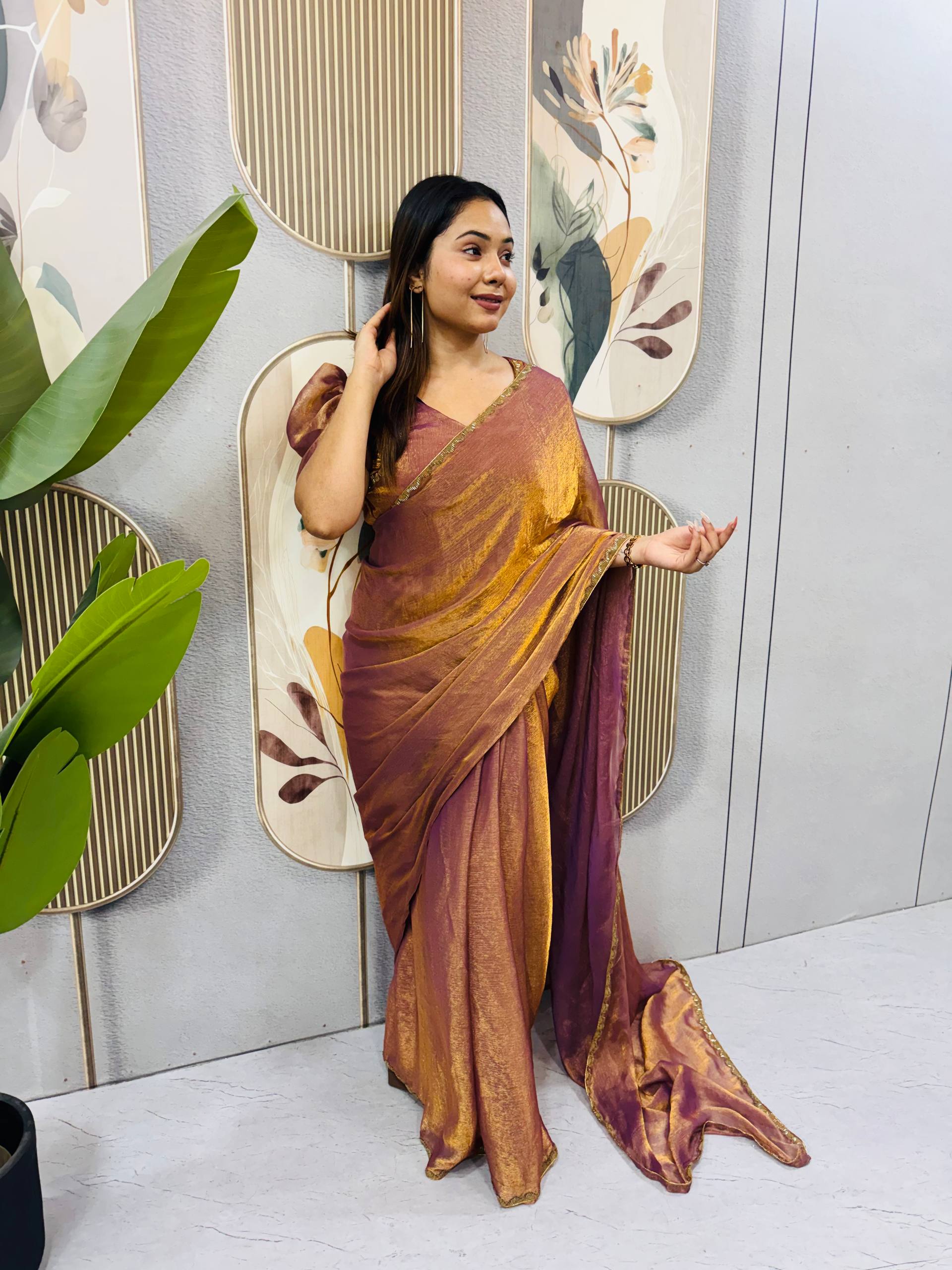 COPPER COLOR SPACE SILK GOWN SAREE WITH BEADS LACE & DUPATTA