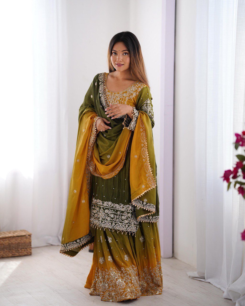NUGGET GOLD COLOR GRACEFUL DUAL SHADED SHARARA SETS