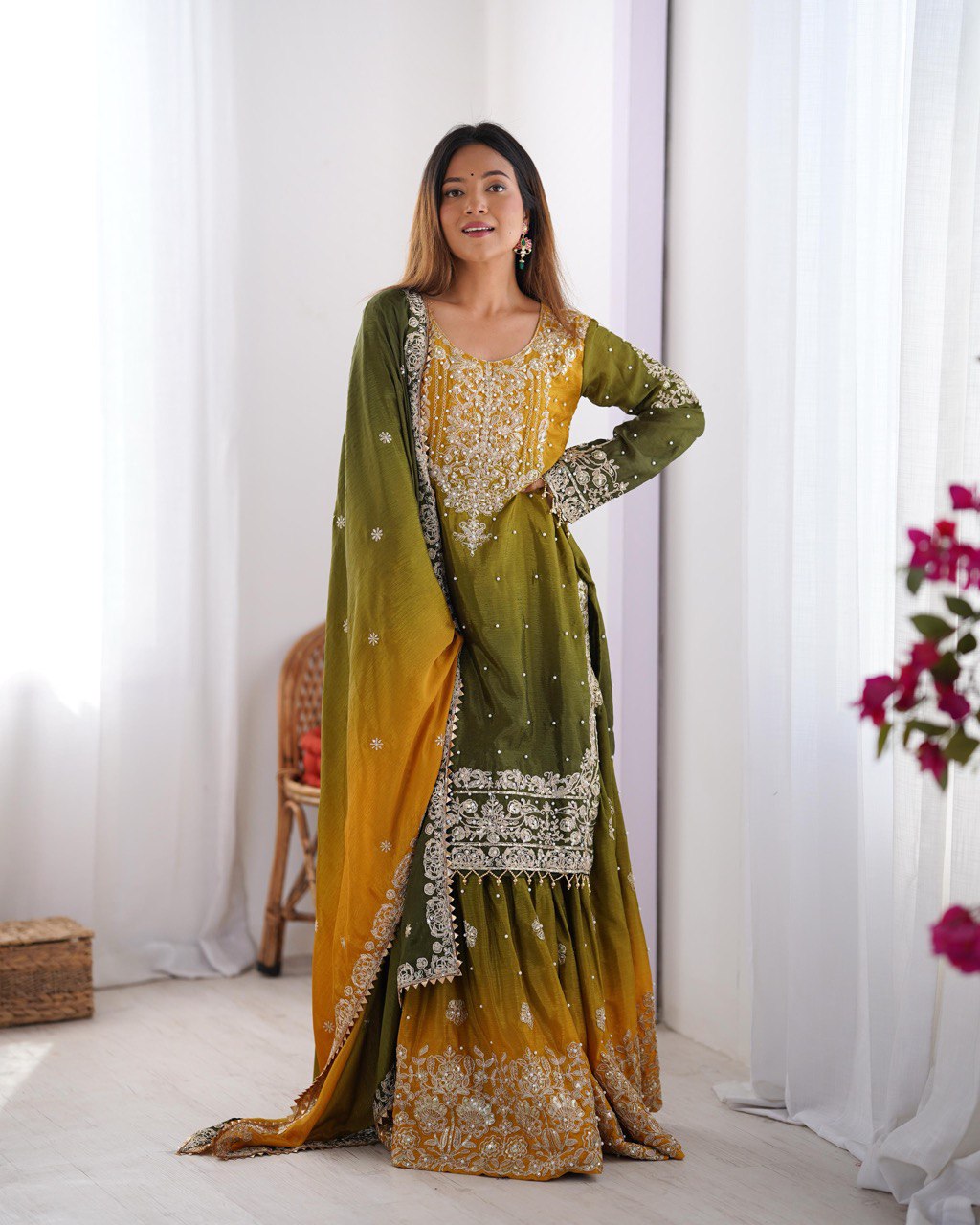 NUGGET GOLD COLOR GRACEFUL DUAL SHADED SHARARA SETS