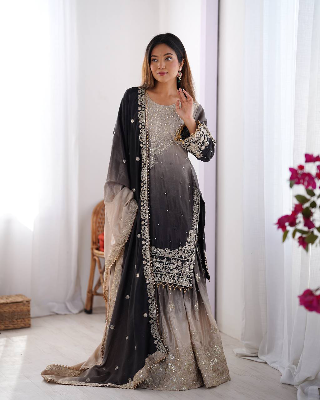 ONYX BLACK COLOR GRACEFUL DUAL SHADED SHARARA SETS