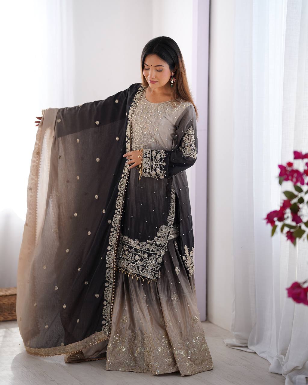ONYX BLACK COLOR GRACEFUL DUAL SHADED SHARARA SETS