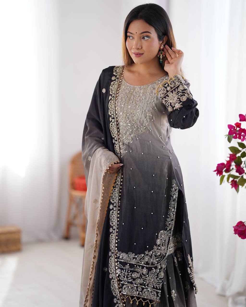 ONYX BLACK COLOR GRACEFUL DUAL SHADED SHARARA SETS