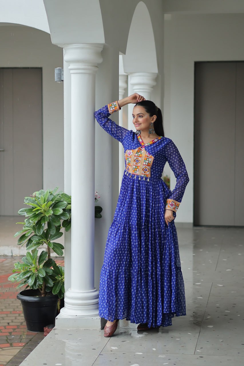 BLUE COLOR GEORGETTE BANDHANI PRINT NAVRATRI GOWN