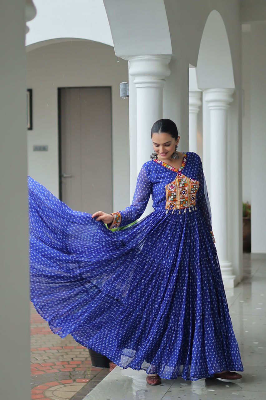 BLUE COLOR GEORGETTE BANDHANI PRINT NAVRATRI GOWN