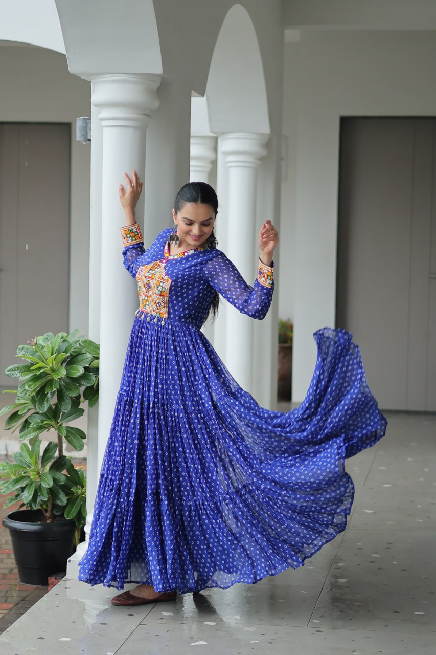 BLUE COLOR GEORGETTE BANDHANI PRINT NAVRATRI GOWN