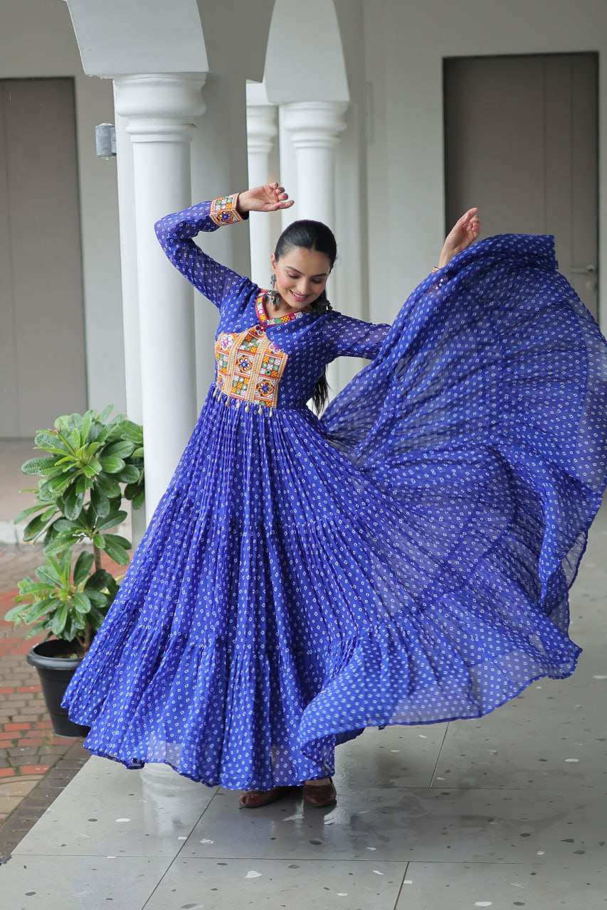 BLUE COLOR GEORGETTE BANDHANI PRINT NAVRATRI GOWN