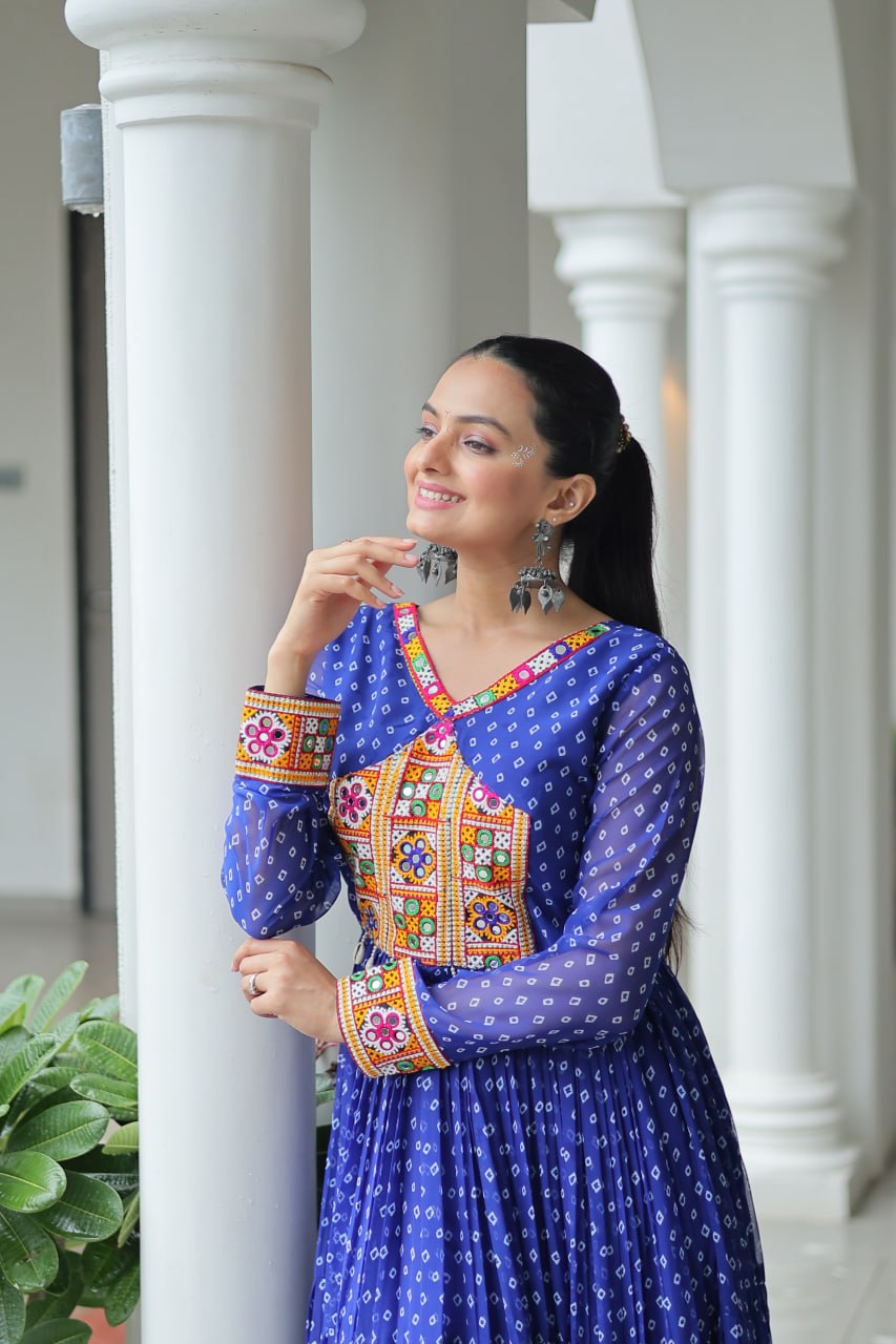 BLUE COLOR GEORGETTE BANDHANI PRINT NAVRATRI GOWN