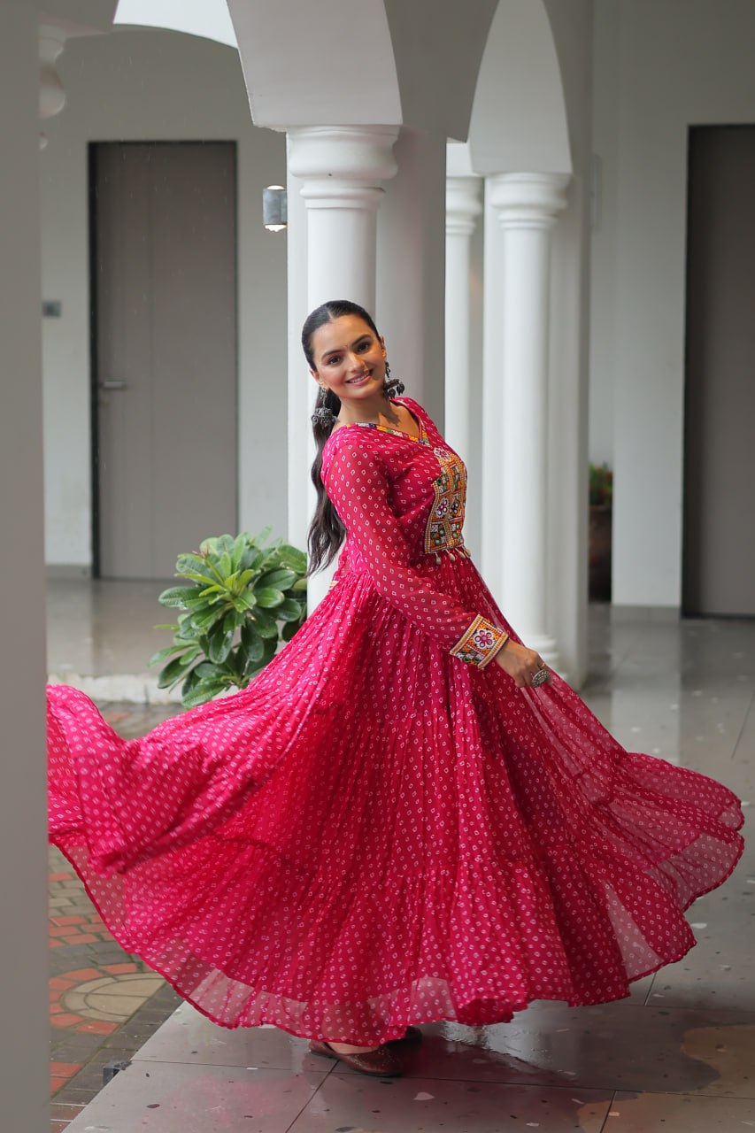 PINK COLOR GEORGETTE BANDHANI PRINT NAVRATRI GOWN