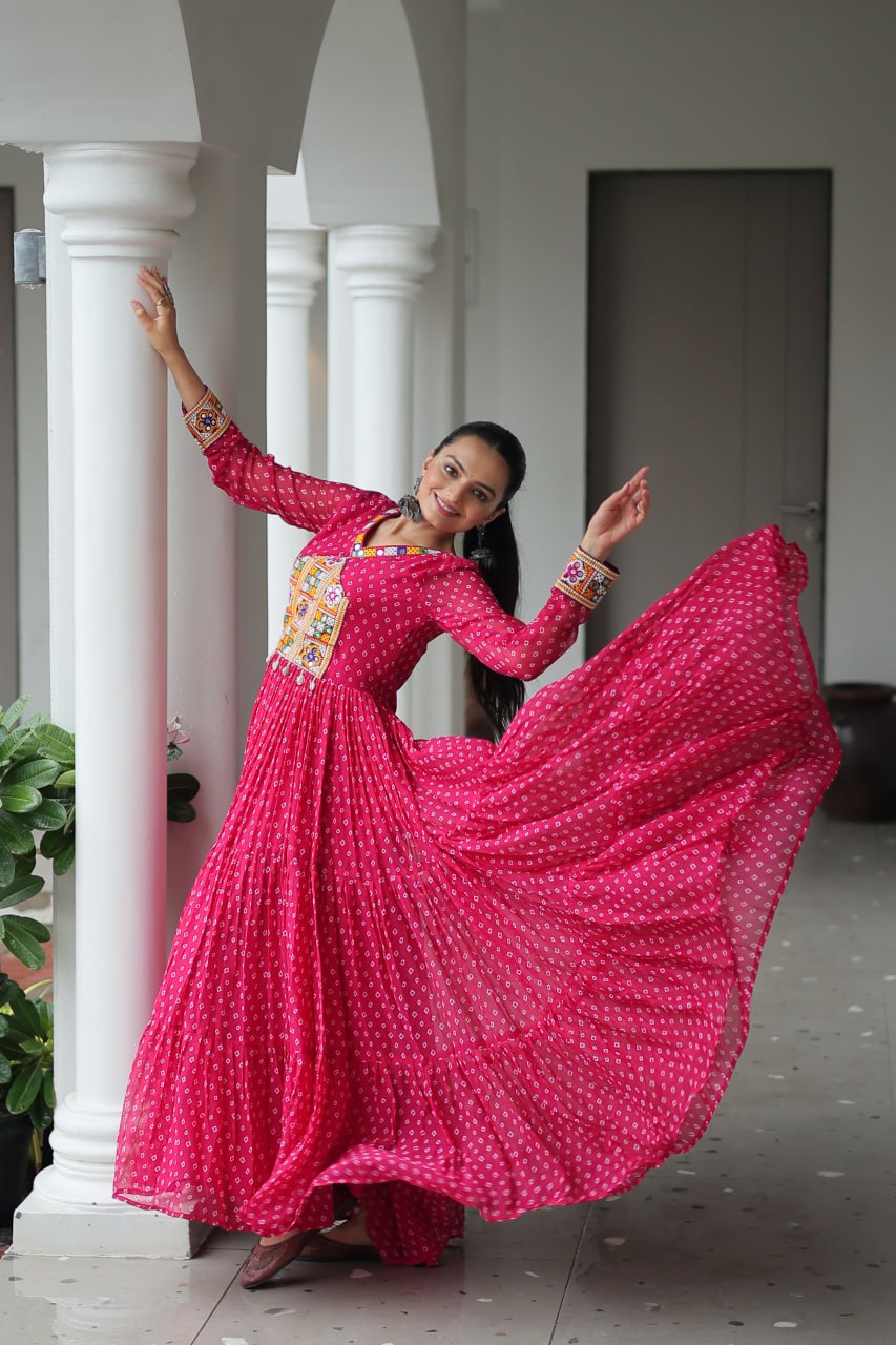 PINK COLOR GEORGETTE BANDHANI PRINT NAVRATRI GOWN