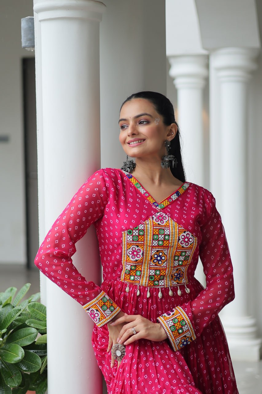 PINK COLOR GEORGETTE BANDHANI PRINT NAVRATRI GOWN