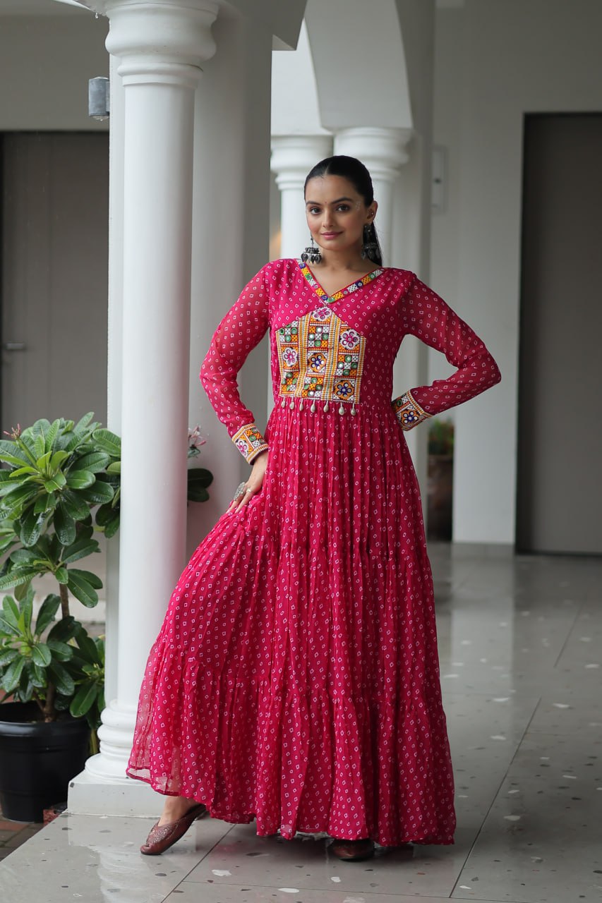 PINK COLOR GEORGETTE BANDHANI PRINT NAVRATRI GOWN