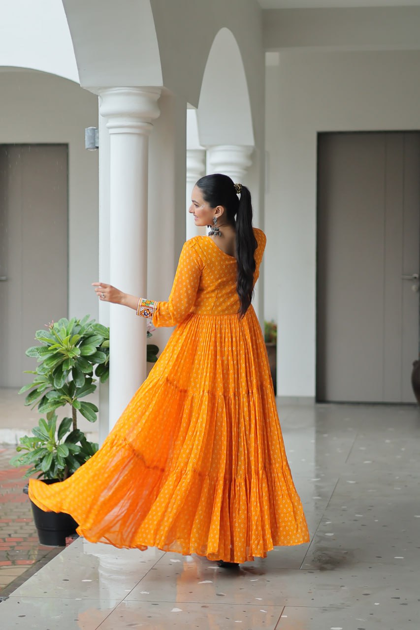 YELLOW COLOR GEORGETTE BANDHANI PRINT NAVRATRI GOWN