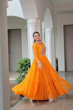 YELLOW COLOR GEORGETTE BANDHANI PRINT NAVRATRI GOWN