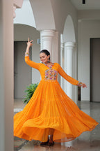 YELLOW COLOR GEORGETTE BANDHANI PRINT NAVRATRI GOWN