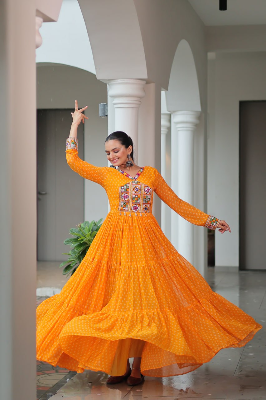YELLOW COLOR GEORGETTE BANDHANI PRINT NAVRATRI GOWN