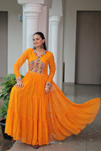 YELLOW COLOR GEORGETTE BANDHANI PRINT NAVRATRI GOWN