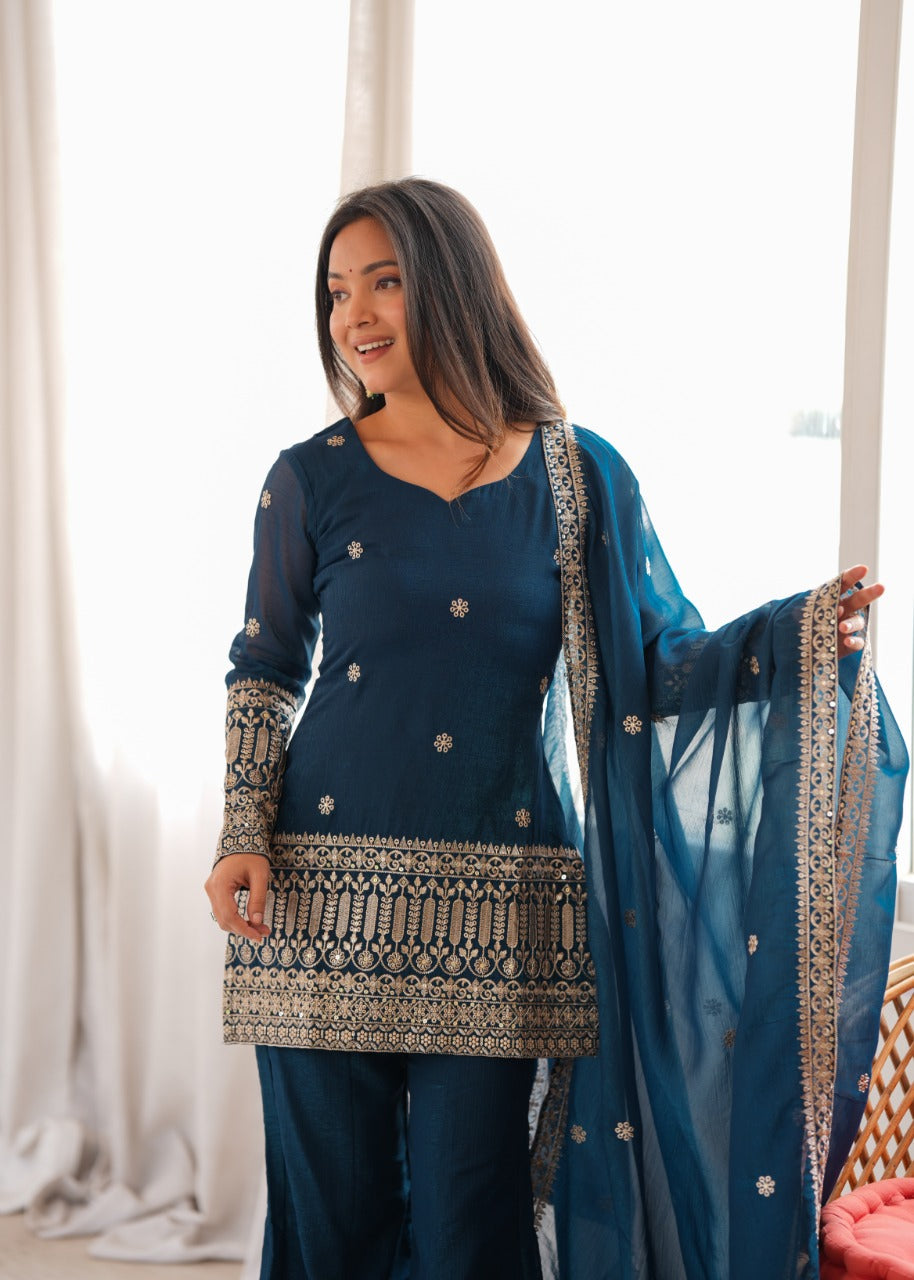 TEAL BLUE EMBROIDERED TRADITIONAL KURTA PALAZZO SUIT SET