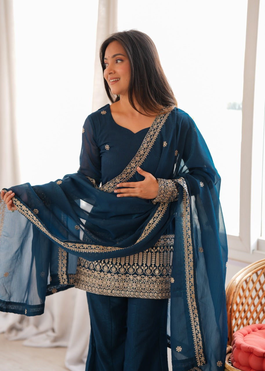 TEAL BLUE EMBROIDERED TRADITIONAL KURTA PALAZZO SUIT SET
